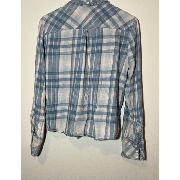 Anthropologie Cloth & Stone Women’s Blouse XS Blue Pink Plaid Tie-Front Crop - Picture 4 of 10